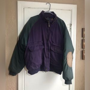 XL Men Down Coat Ash Creek Trading Purple Green Leather Trim 7 Pockets